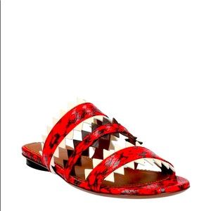 L’Autre chose leather sandals size 8 in red, dark brown and latte animal print.